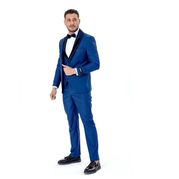 Derman Royal Blue Silvery Detailed Collar Tuxedo 3 Piece Set - Picture 4 of 6